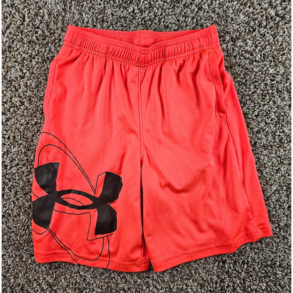 Under Armour Boys Sz M Athletic Loose Fit Basketball Shorts Coral Red Black